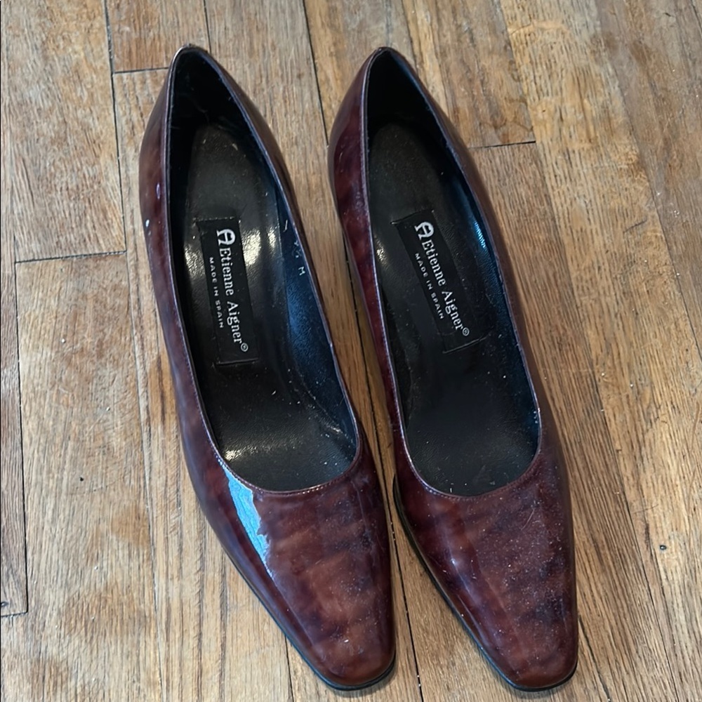Etienne Aigner Dark Brown‎ Shiny Tortoise Heels 9.5